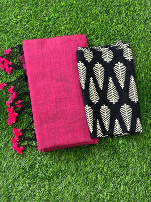 SMRITI HANDLOOM Printed Kalamkari Handloom Pure Cotton Saree(Magenta, Black)