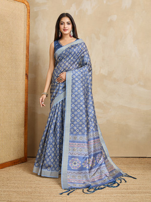 DOI MOI Printed Banarasi Silk Blend Saree(Blue)
