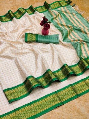 KRIYANSH Checkered Bollywood Jacquard, Cotton Silk Saree(Green)