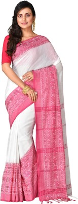 crochetin Woven Handloom Handloom Pure Cotton Saree(White, Pink)