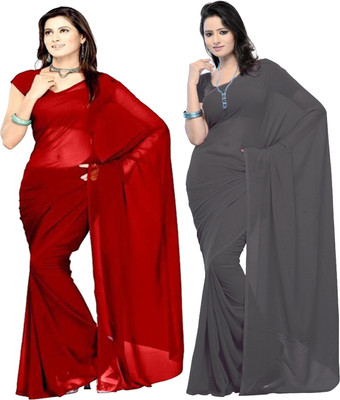 Fancyninee Solid/Plain Bollywood Georgette Saree(Pack of 2, Red, Grey)