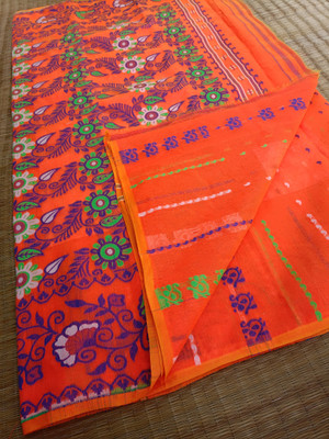 KhayaFashion Woven Tant Pure Cotton Saree(Orange)