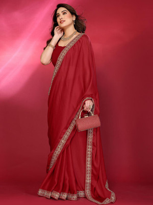 ANOUK Embroidered Saree with Attached Blouse Satin Saree(Red)