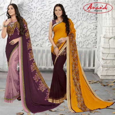 Anand Sarees Floral Print Daily Wear Georgette Saree(Pack of 2, Purple, Beige, Multicolor)