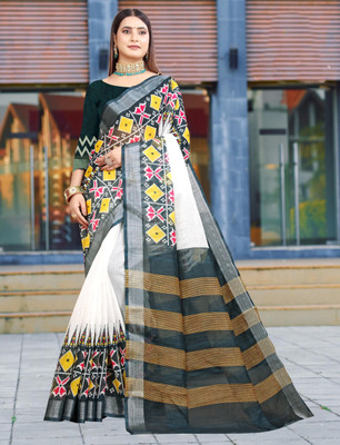 HangerStories Printed Kanjivaram Pure Cotton, Cotton Linen Saree(Black, White)