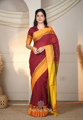binita Self Design Handloom Cotton Blend Saree(Maroon)