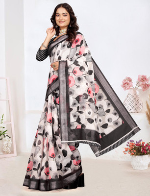 HouseOfCommon Printed Kanjivaram Pure Cotton, Cotton Linen Saree(Black)