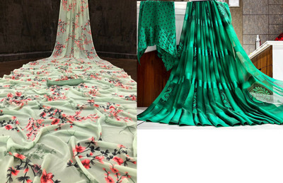 Sanjana Silk Floral Print Bollywood Georgette Saree(Pack of 2, Green)