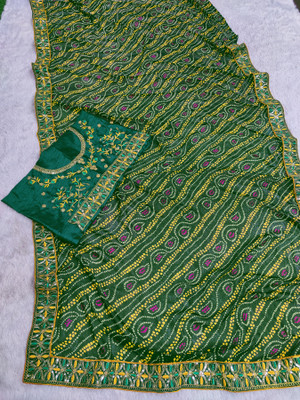 LAKHADATARI PRINTS Printed Bandhani Georgette, Chiffon Saree(Green)