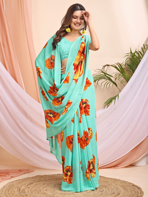 Leelavati Printed Bollywood Chiffon Saree(Light Blue)