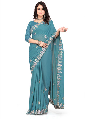 Brahmani Creation Embroidered Banarasi Georgette Saree(Blue)