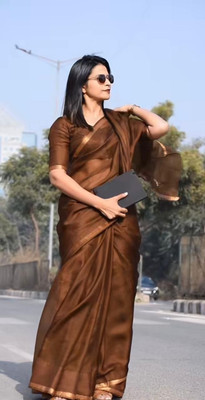 Zafreen Handloom Checkered Bhagalpuri Art Silk Saree(Brown)