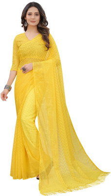 HouseOfCommon Self Design Bollywood Net, Brasso Saree(Yellow)