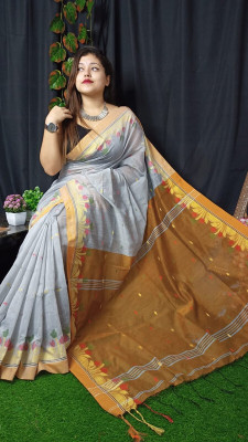 rinasareehouse Woven Handloom Cotton Silk Saree(Grey)
