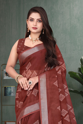 BHAGYAVATI DESIGNER Printed Daily Wear Cotton Linen Saree(Brown)
