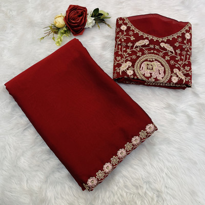 V AMAN FASHION Solid/Plain, Self Design Bollywood Silk Blend Saree(Maroon)