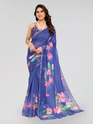 Hema Silk Mills Floral Print, Digital Print Chanderi Chanderi, Cotton Blend Saree(Blue)