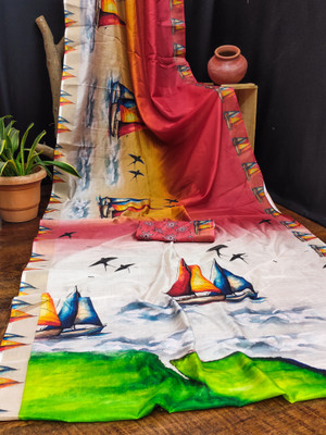 Hema Silk Mills Printed, Digital Print Bollywood Silk Blend Saree(Multicolor)