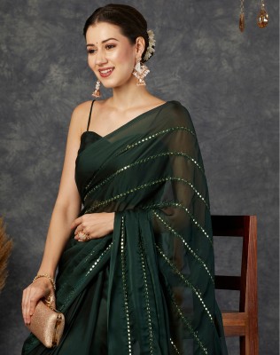 SIRIL Dyed, Embellished Bollywood Georgette Saree(Dark Green, Gold)