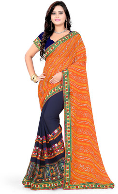 Arriva Fab Embroidered, Embellished Bandhani Georgette Saree(Orange)