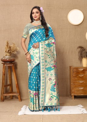 Niwaa Woven Paithani Jacquard, Silk Blend Saree(Light Blue)