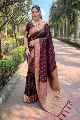 K SALIYA Self Design Banarasi Pure Silk Saree(Maroon, Gold)