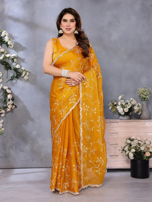 Shrinathji creation Embroidered Bollywood Jimmy choo Saree(Yellow)