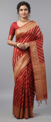 Aakriti Striped, Woven Banarasi Cotton Silk Saree(Red)