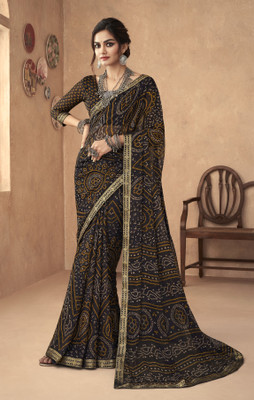 JustEthnic Printed Bandhani Chiffon Saree(Black)