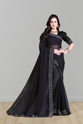 Lajamani Fashion Self Design, Solid/Plain Bollywood Georgette Saree(Black)