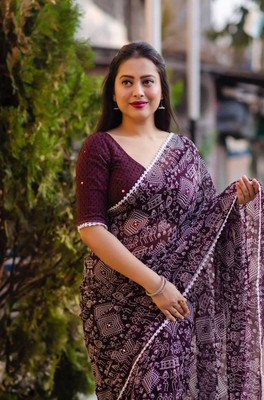 HouseOfCommon Printed Bandhani Chiffon Saree(Purple)