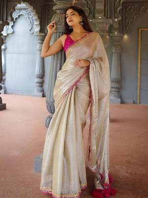 STYLEVEDA Solid/Plain Bollywood Jimmy choo Saree(Beige)