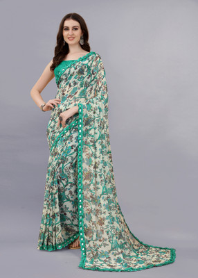 VARNI DESIGNER HUB Floral Print Bollywood Georgette Saree(White)