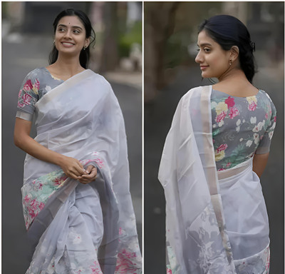 VCREATION Digital Print Bollywood Cotton Linen Saree(Grey)