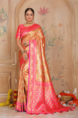Heirlooms Woven, Self Design Banarasi Pure Silk Saree(Pink)