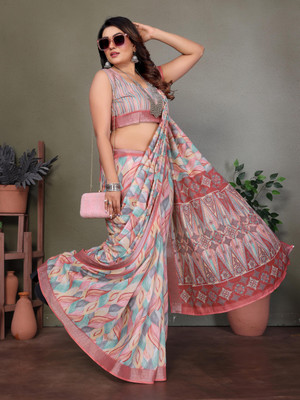 WearEZee Digital Print, Floral Print, Geometric Print, Self Design, Striped, Checkered Daily Wear Linen, Cotton Linen Saree(Red)