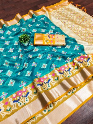 Niwaa Printed, Woven Banarasi Jacquard, Organza Saree(Green)