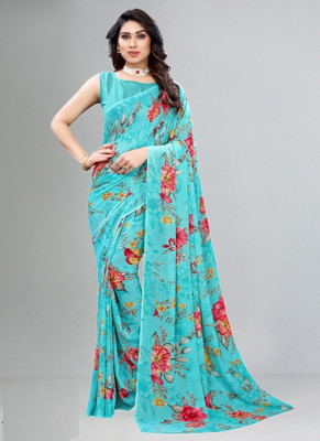 STYLEVEDA Floral Print Daily Wear Georgette Saree(Blue)