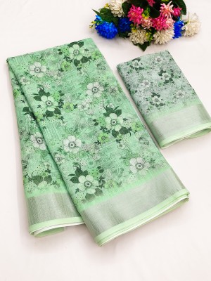 parakhiya fab Printed Bollywood Cotton Linen, Cotton Silk Saree(Light Green)