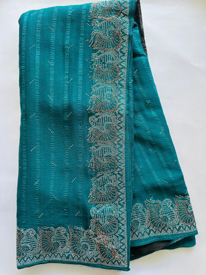 ABSilk Striped, Self Design, Embellished Assam Silk Georgette Saree(Multicolor)