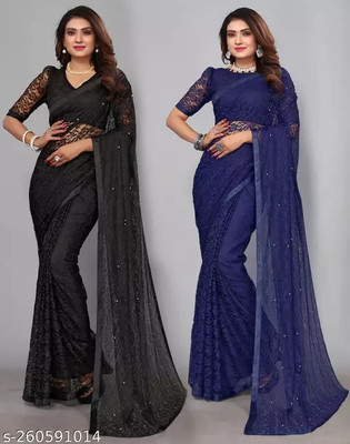 Vragi Self Design Bollywood Net Saree(Black, Blue)