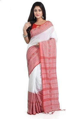 Amita Collections Woven Handloom Cotton Blend Saree(White, Red)