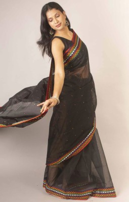 Ruuprekha Woven, Printed Handloom Cotton Blend Saree(Black)
