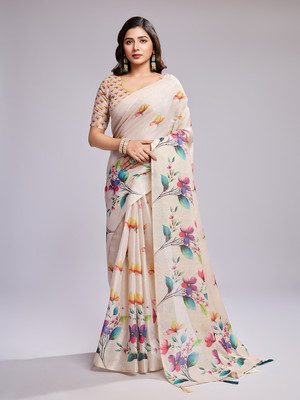 SHRIMAY Floral Print Bollywood Net, Organza Saree(Beige, Cream, Multicolor)