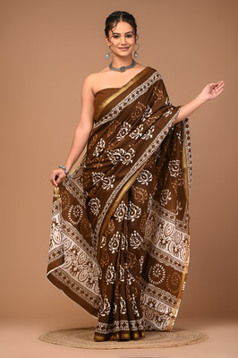 LOVWEAR Printed Ikkat Pure Cotton Saree(Brown)