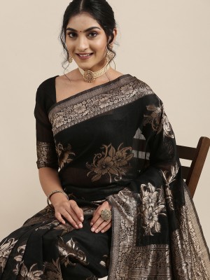 Sareemall Woven Banarasi Linen Saree(Black)