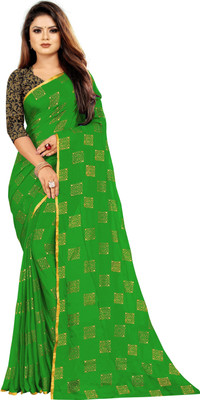 Desi Style Striped Chanderi Net, Chiffon Saree(Green)
