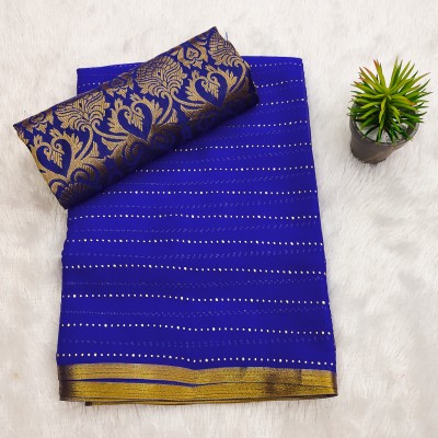 Aadishakti Fashion Striped, Embellished Bollywood Chiffon Saree(Blue)