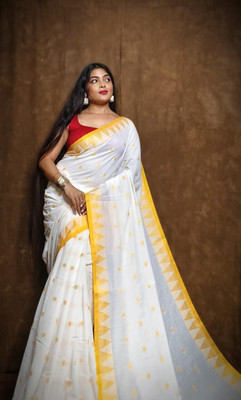 HouseOfCommon Temple Border Handloom Cotton Linen Saree(Black)