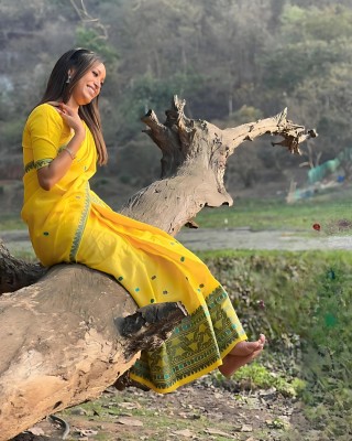 kamdar Woven Mekhela Chador Chanderi, Cotton Blend Saree(Yellow)